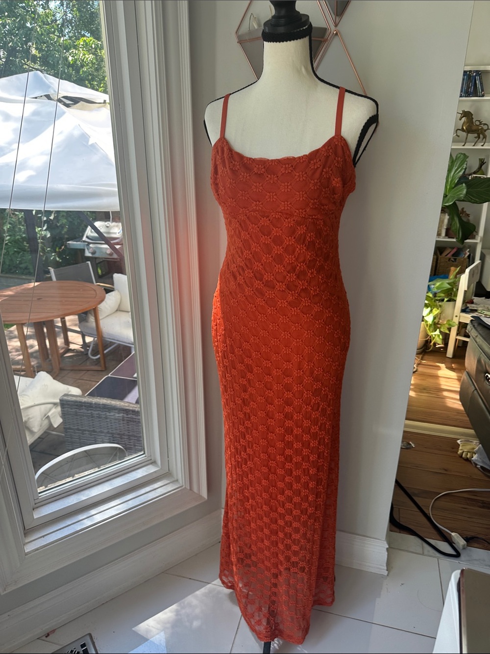 THIRTY/THIRTY Burnt Orange Crochet Maxi Dress Slip Sheath Column Size Large
